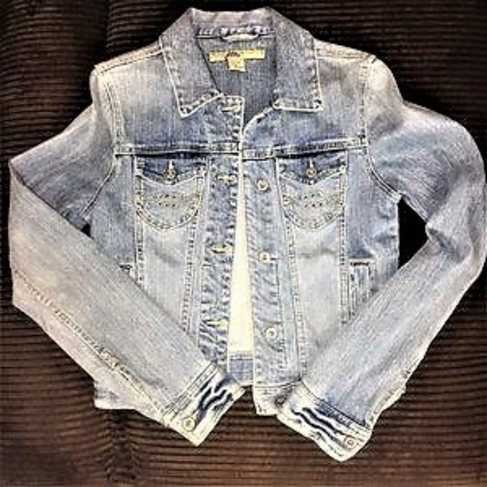 Vintage Denim Jacket Light Acid Style Wash w/Rhinestone Accented Pockets Size L